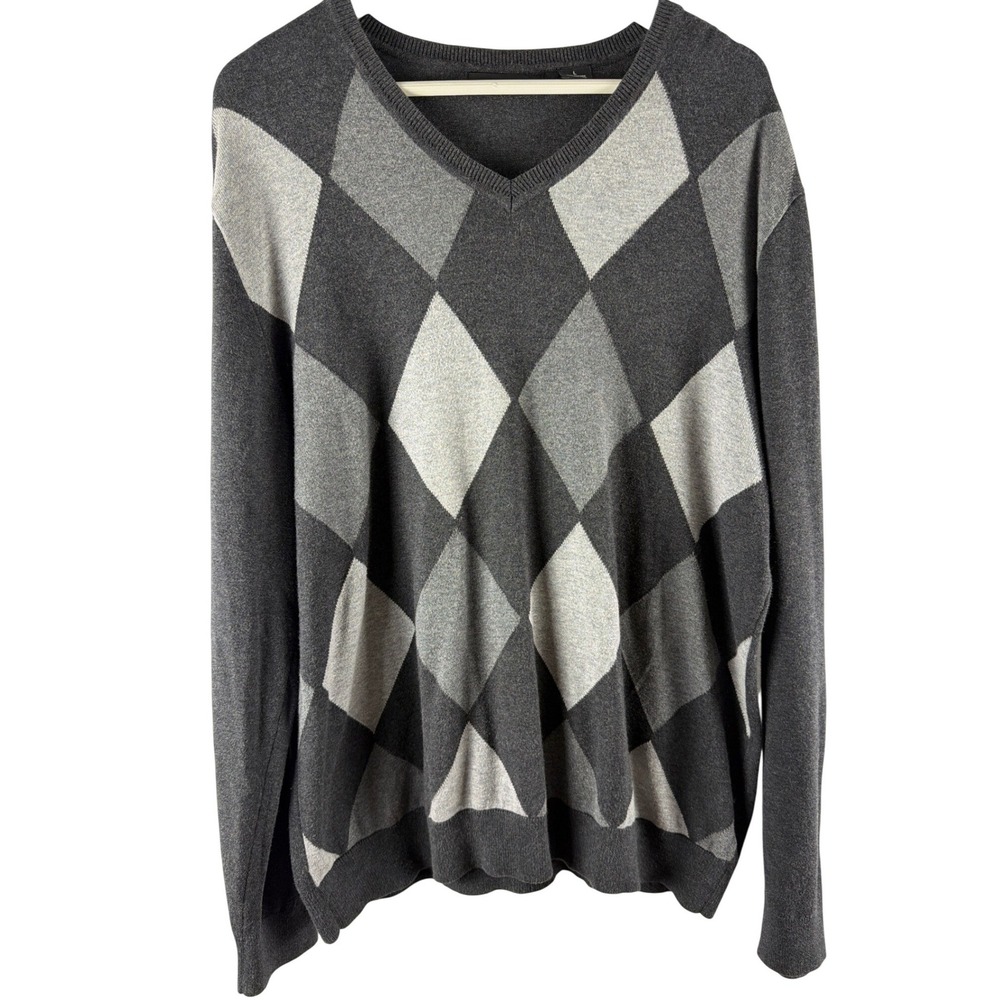 Claiborne Mens Argyle V-Neck Sweater Grey Charcoal 100% Cotton Sz L Academia